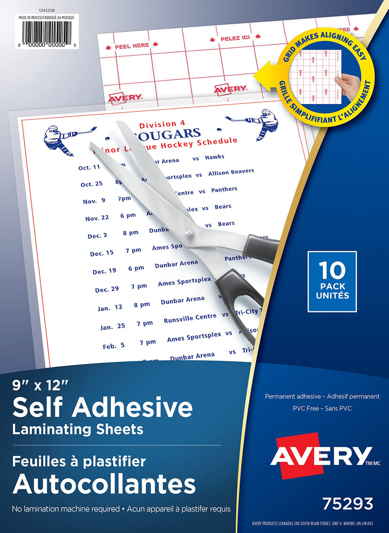 Avery Clear Laminating Sheets, 9" x 12", Permanent Self-Adhesive, 10 Sheets (73603) Regular