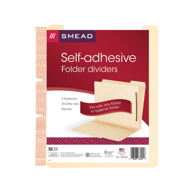 Smead 68025 Manila Self-Adhesive Folder Dividers w/2-Prong Fastener, 2-Sect, Letter (Pack of 25) 25 per Box