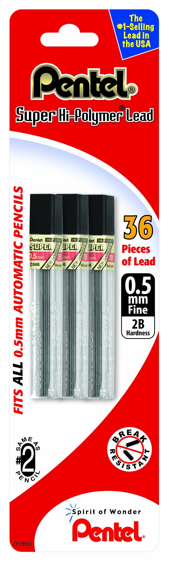 Pentel Super Hi-Polymer Lead Refill 0.5mm Fine, 2B, 36 Pieces of Lead (C505BP32B-K6) Unit