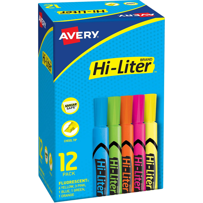 AVERY 98034 Hi-Liter Desk-Style Highlighters, Smear Safe Ink, Chisel Tip is Great for Sketch Book Art, 12 Assorted Colors 12 Highlighters