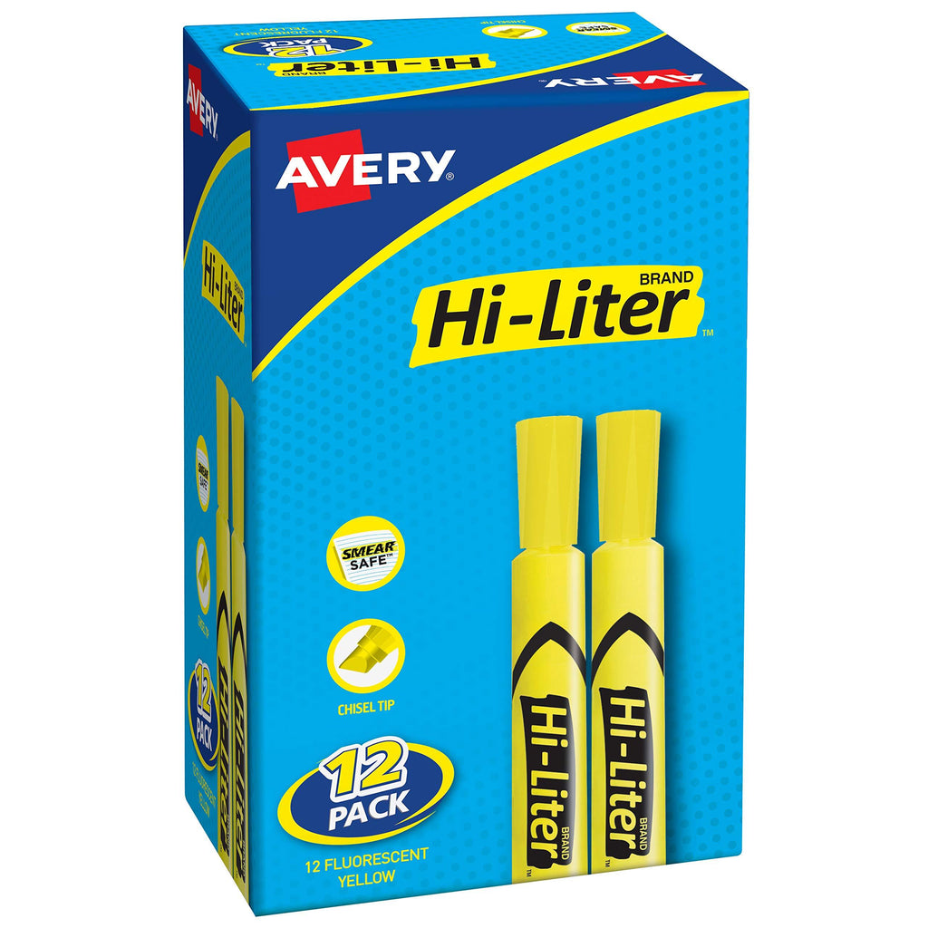 Avery Hi-Liter Desk-Style Highlighters, Smear Safe Ink, Chisel Tip, 12 Yellow Highlighters (98035)