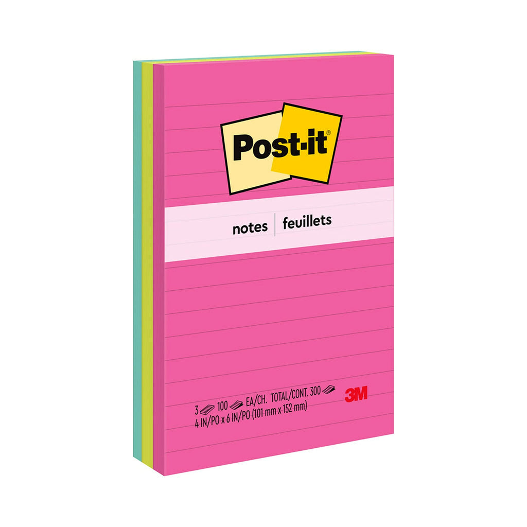 Post-it Notes, 4x6 in, 3 Pads, America's #1 Favorite Sticky Notes, Cape Town Collection, Bright Colors (Magenta, Pink, Blue, Green), Clean Removal, Recyclable (660-3AN)