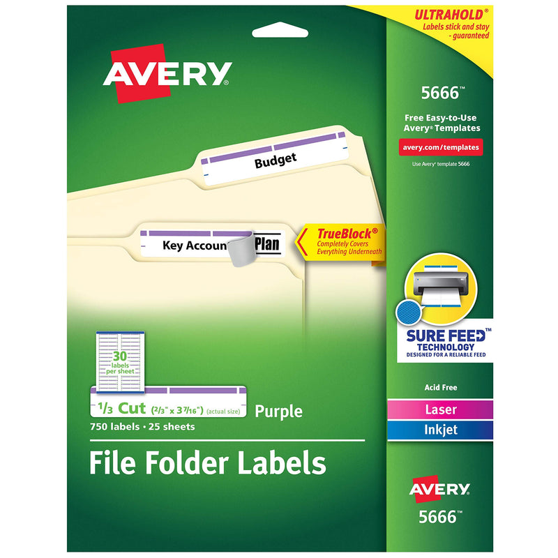 Avery TrueBlock File Folder Labels, 2/3” x 3-7/16”, 750 Printable Labels, White/Purple, Permanent (5666)