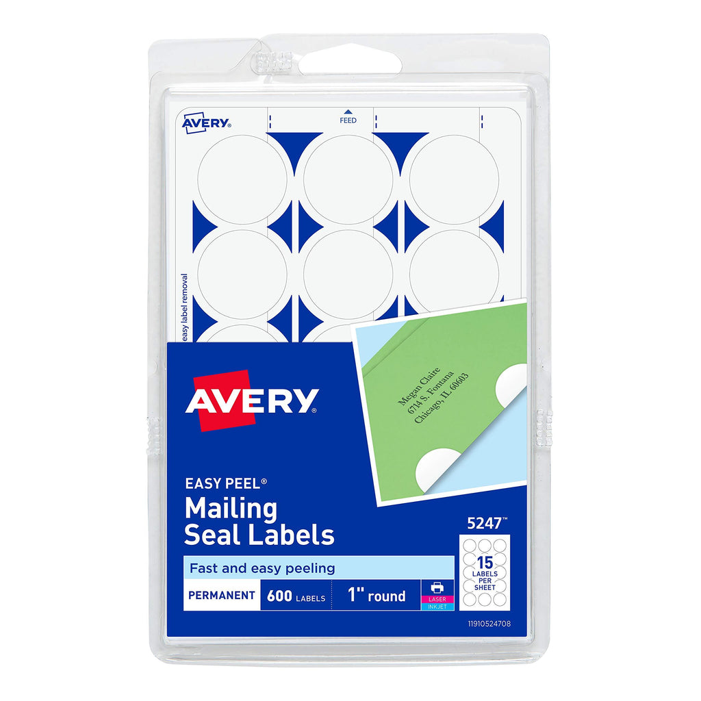 Avery 1" Round Stickers for Laser and Inkjet Printers, White, Non-Perforated, 600 Stickers (5247) Each