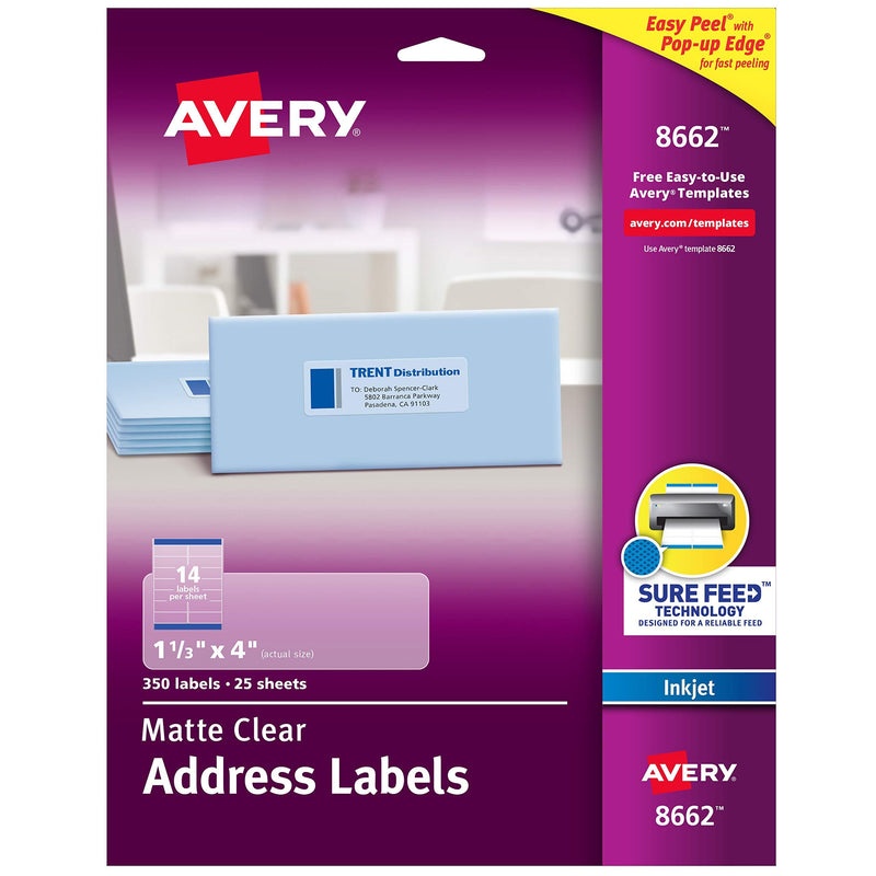 Avery Matte Frosted Clear Address Labels for Inkjet Printers, 1-1/3" x 4", 350 Labels (8662)