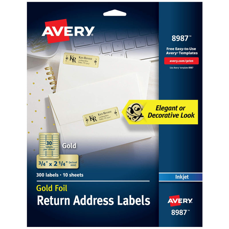 Avery Gold Address Labels for Inkjet Printers, 3/4" x 2-1/4", 300 Labels (8987)