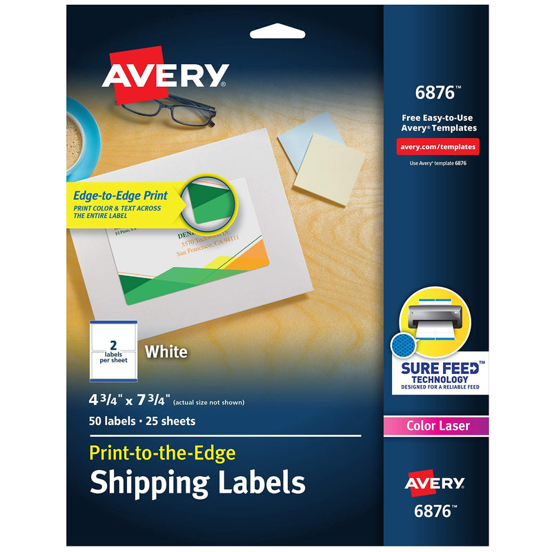 Avery Color Printing 4 3/4 x 7 3/4 Inch White Labels 50 Count (6876) 1 Pack