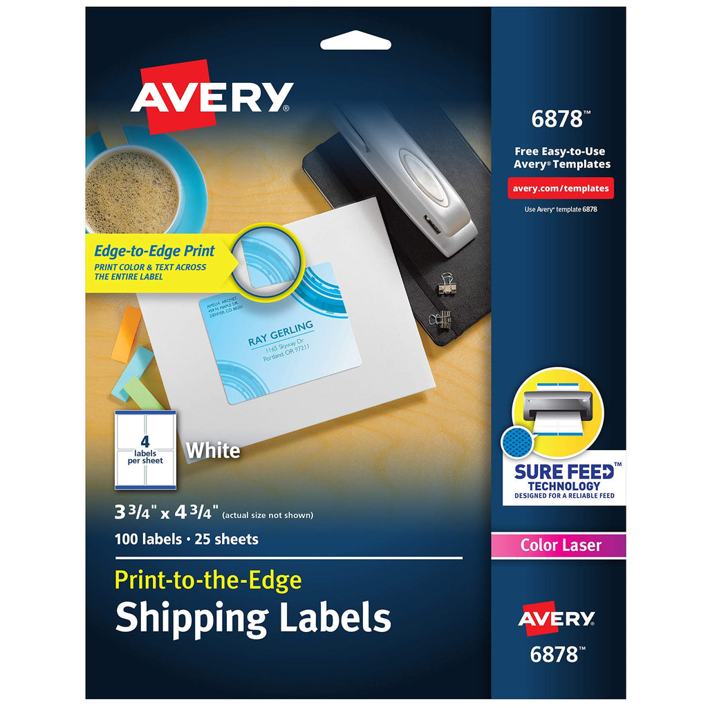 Avery Shipping Labels with Sure Feed, Print-to-the-Edge, 3-3/4" x 4-3/4", 100 White Labels (6878) 3-3/4" x 4-3/4"