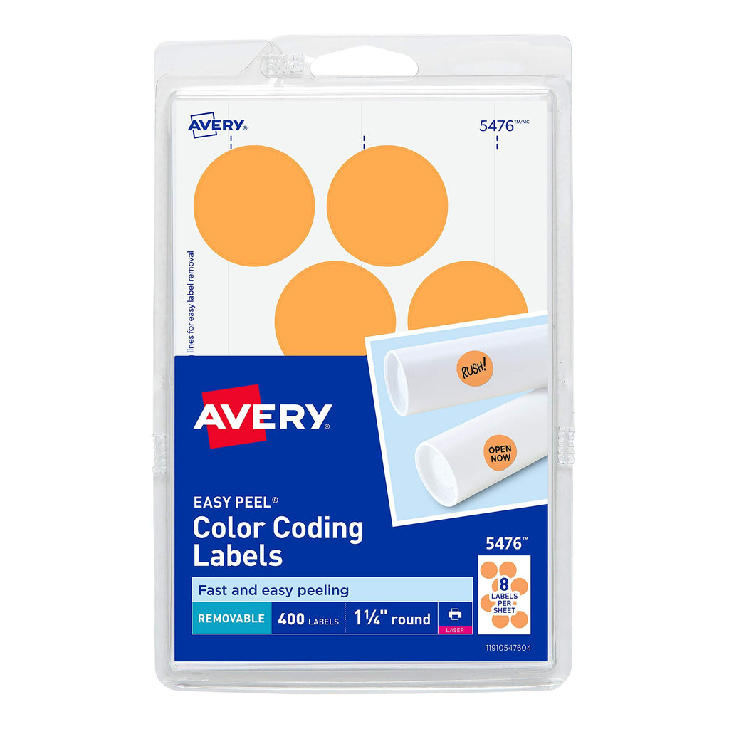 Avery Self-Adhesive Removable Labels, 1.25 Inches Diameter, Orange Neon, 400 per Pack (05476)