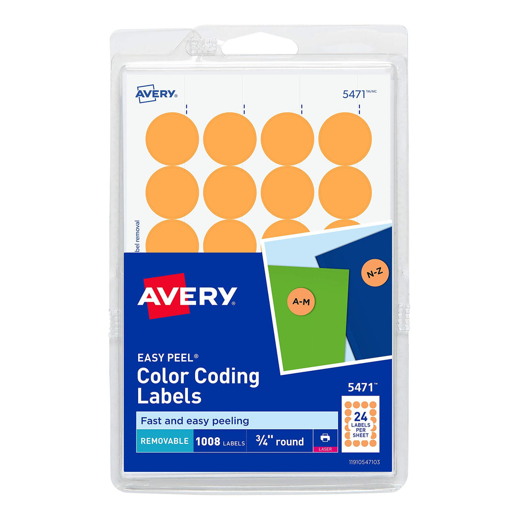 Avery Self-Adhesive Removable Labels, 0.75 Inch Diameter, Orange Neon, 1008 per Pack (05471)