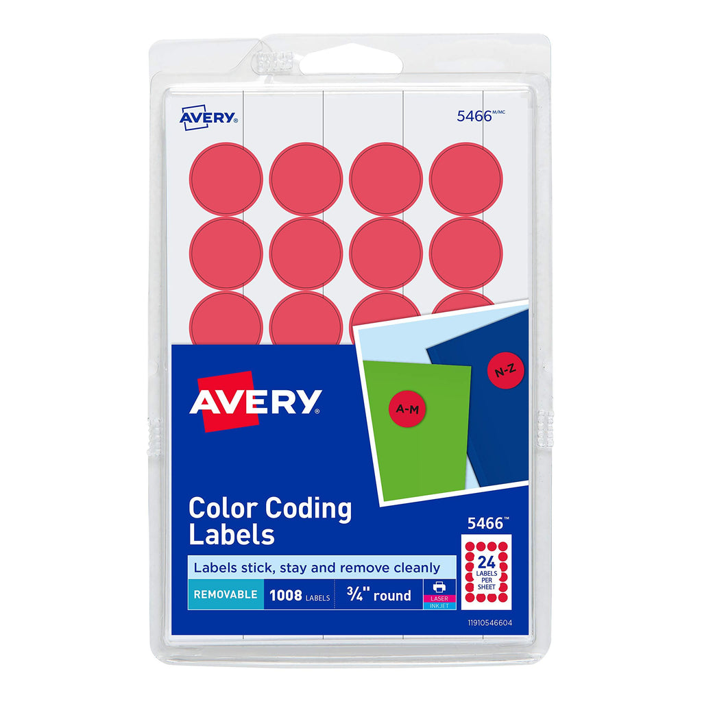 Avery Print/Write Self-Adhesive Removable Labels, 0.75 Inch Diameter, Red, 1008 per Pack (5466) 1 Pack