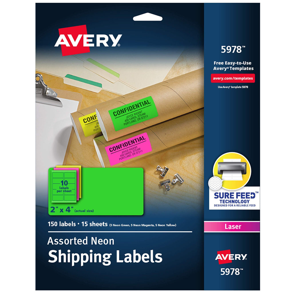 Avery Neon Shipping Labels with Sure Feed for Laser Printers, 2" x 4", Assorted Colors, 150 Labels (5978)