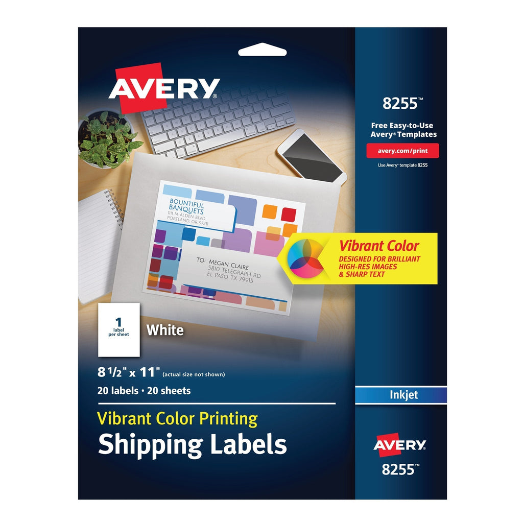 Avery Color Printing Labels for Inkjet Printers, Matte White, 8.5 x 11 Inch, Pack of 20 (8255)