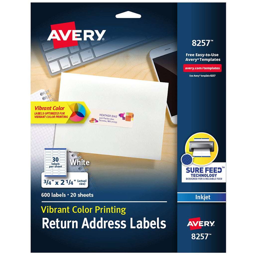 Avery Vibrant Color Printing Labels with Sure Feed for Inkjet Printers,3/4" x 2-1/4", 600 White Labels (8257)