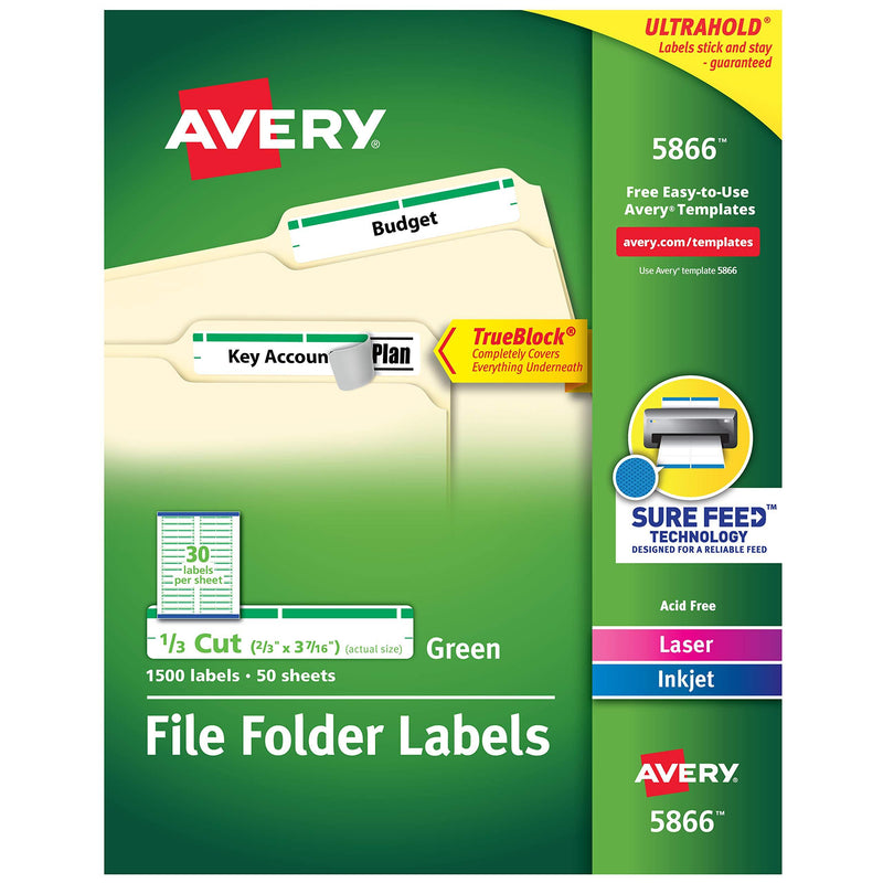 Avery Green File Folder Labels for Laser and Inkjet Printers with TrueBlock Technology, 2/3 inches x 3-7/16 inches, Box of 1500 (5866) 1 Pack