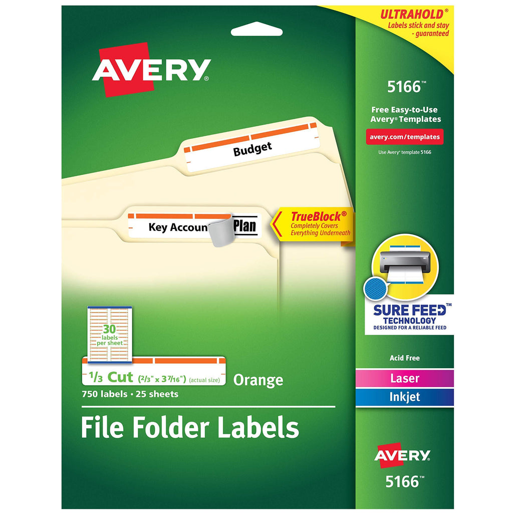 AVERY 5166 Permanent File Folder Labels, TrueBlock, Inkjet/Laser, Orange Border, Pack of 750