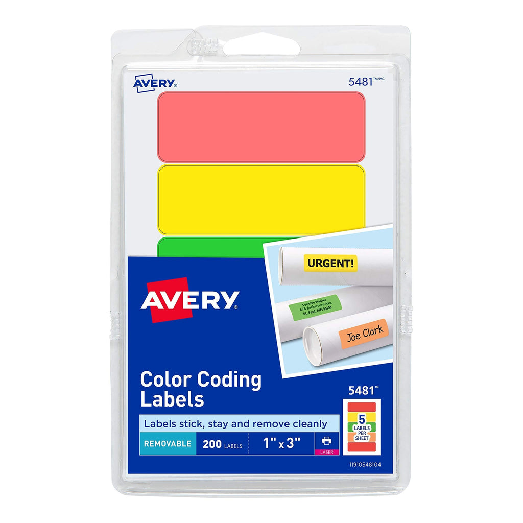 Avery Removable Print or Write Color Coding Labels, 1 x 3 Inches, 200 Labels (5481), Assorted Color (Neon Green/Neon Orange/Neon Red/Neon Yellow)