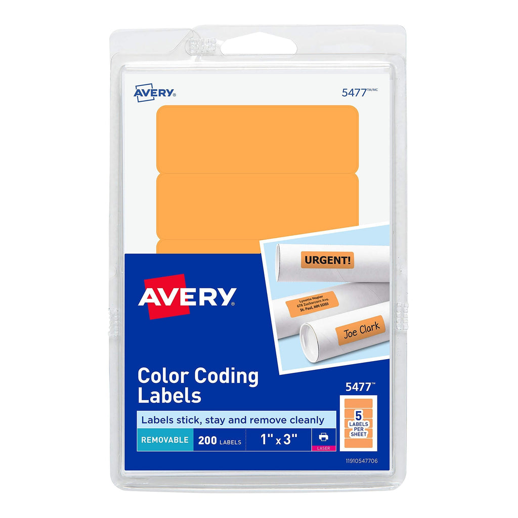 Avery Self-Adhesive Removable Labels, 1 x 3 Inches, Orange Neon, 200 per Pack (05477)