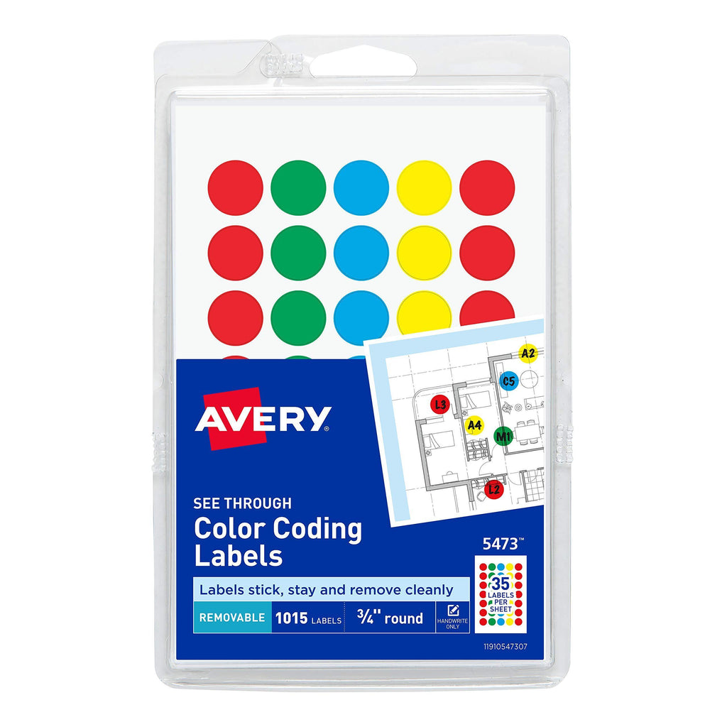 Avery See-Through Removable Color Dots, 0.75-Inch Diameter, Assorted Colors, 1015 per Pack (05473)