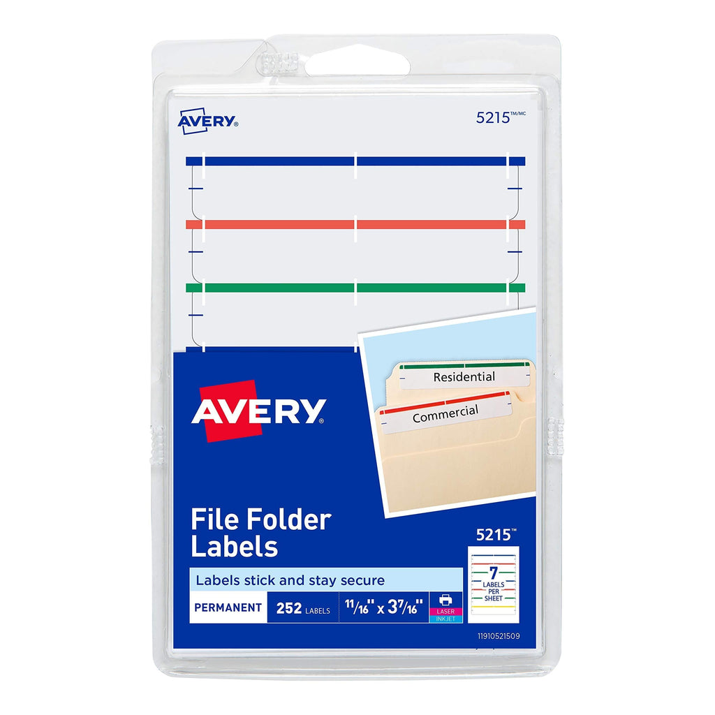 Avery Print or Write File Folder Labels for Laser and Inkjet Printers, 1/3 Cut, Assorted Colors, Pack of 252 (5215) 1 Pack