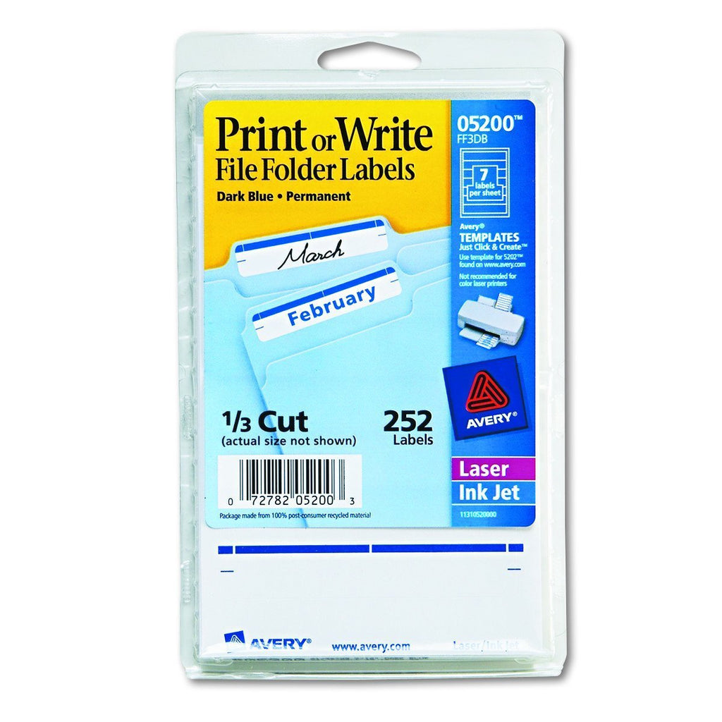 Avery 05200 Print or Write File Folder Labels, 11/16 x 3 7/16, White/Dark Blue Bar (Pack of 252)