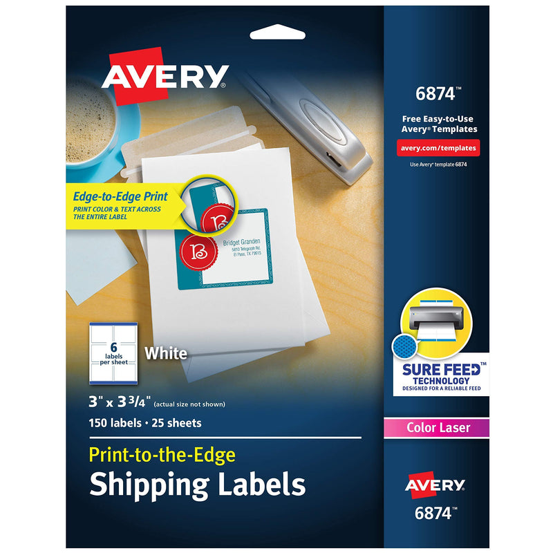 Avery Shipping Labels with Sure Feed, Print-to-the-Edge, 3" x 3-3/4", 150 White Labels (6874) 3" x 3-3/4"