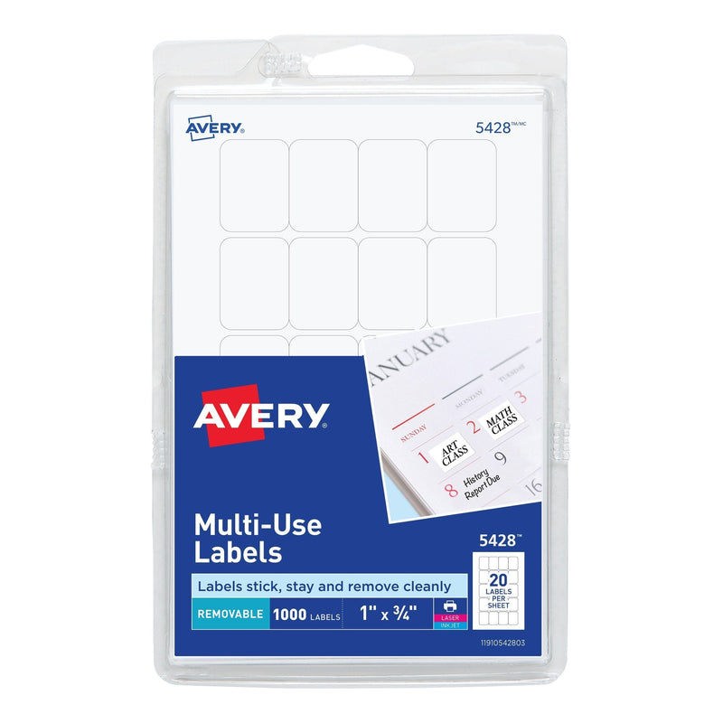 Avery Self-Adhesive Removable Labels, 0.75 x 1 Inches, White, 1000 per Pack, Pack of 1 (05428) 1 Pack