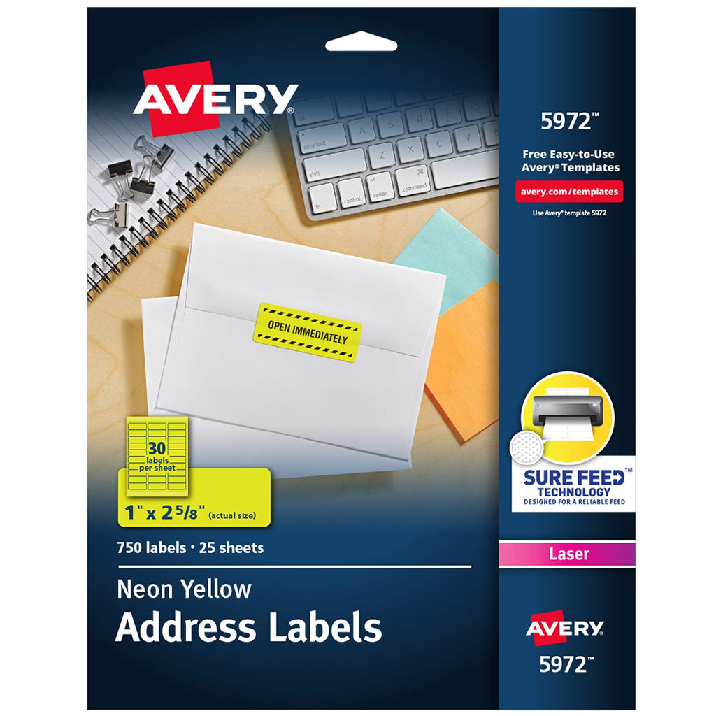 Avery Neon Address Labels with Sure Feed for Laser Printers, 1 x 2 5/8", 750 Yellow Stickers (5972) 750 Labels Neon Yellow