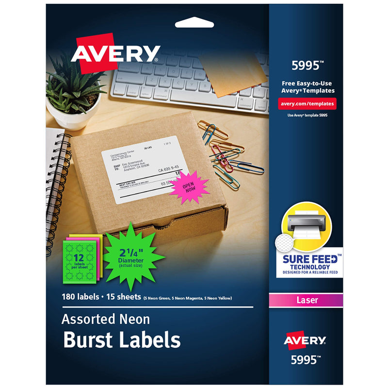 AVERY Neon Address Labels with Sure Feed for Laser Printers, 2-1/4", Assorted Colors, 180 Burst Labels (5995) Neon Green;neon Magenta;neon Yellow