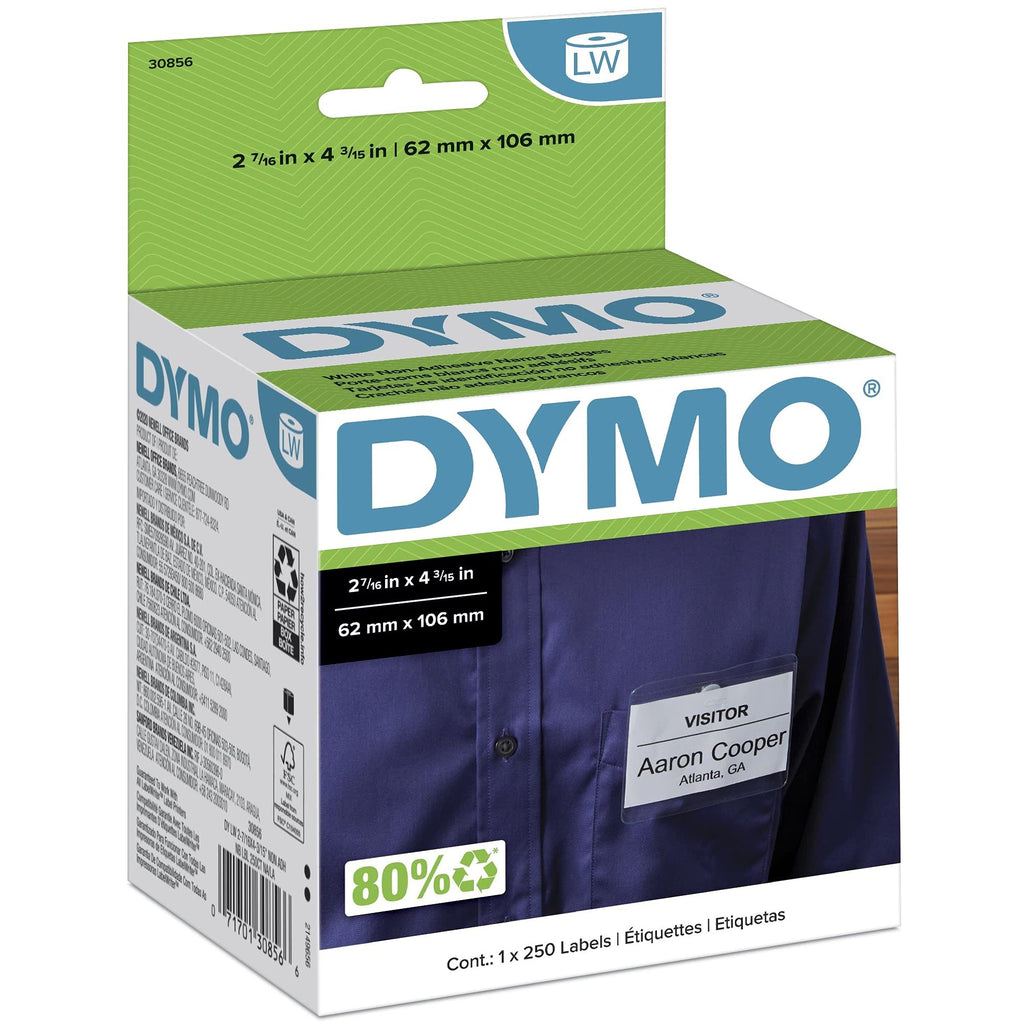 DYMO 30856 LW Non-Adhesive Name Badge Labels for LabelWriter Label Printers, White, 2-7/16'' x 4-3/16'', 1 Roll of 250