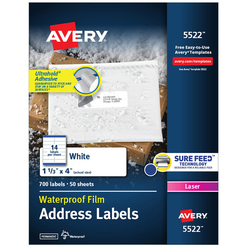 Avery Waterproof Labels with Ultrahold Permanent Adhesive, 1-1/3" x 4", 700 Labels for Laser Printers (5522) , White