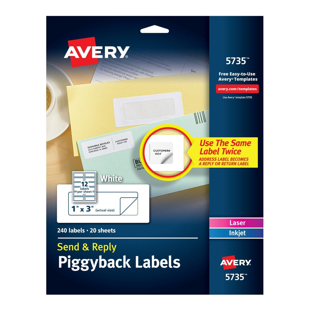 Avery Send & Reply Piggyback Mailing Labels 0, 1" x 3", Pack of 240 (5735)