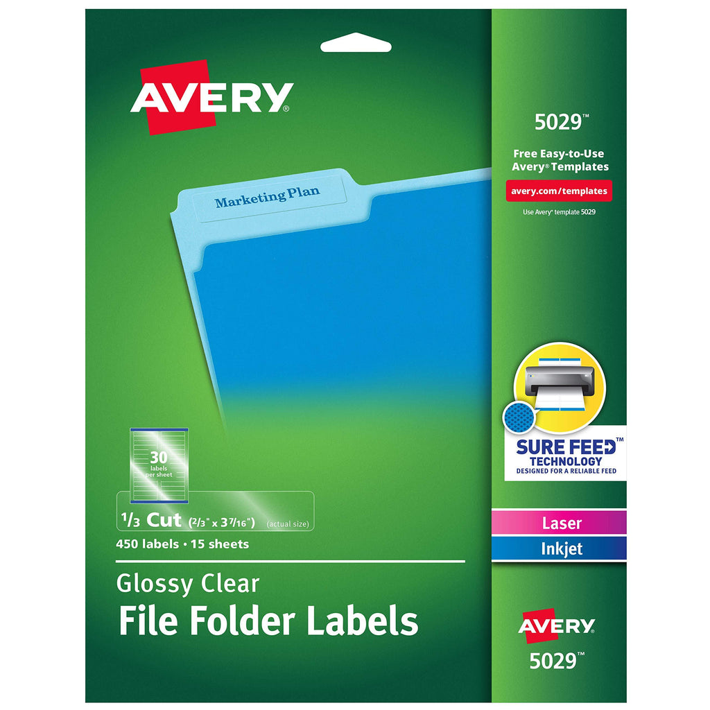 Avery 5029 Clear Self-Adhesive Filing Labels, 3-7/16 x 2/3, 15 sheets, 450 Labels 1 Pack