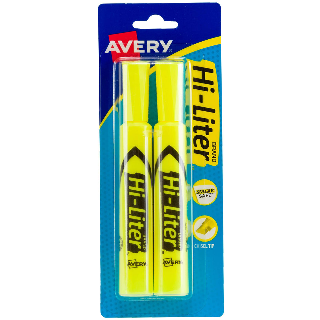 Avery Hi-Liter Desk-Style Highlighters, Smear Safe Ink, Chisel Tip, 2 Yellow Highlighters (24081) (Packaging may vary) 2 Highlighters