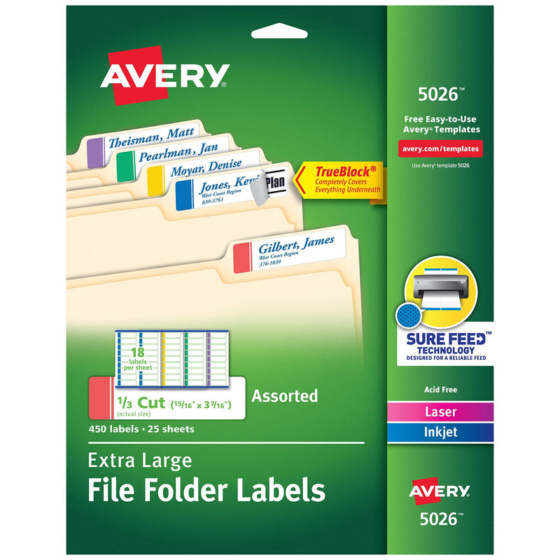 Avery Extra-Large File Folder Labels in Assorted Colors for Laser and Inkjet Printers with TrueBlock Technology, 15/16 inches x 3-7/16 inches, Pack of 450 (5026),White