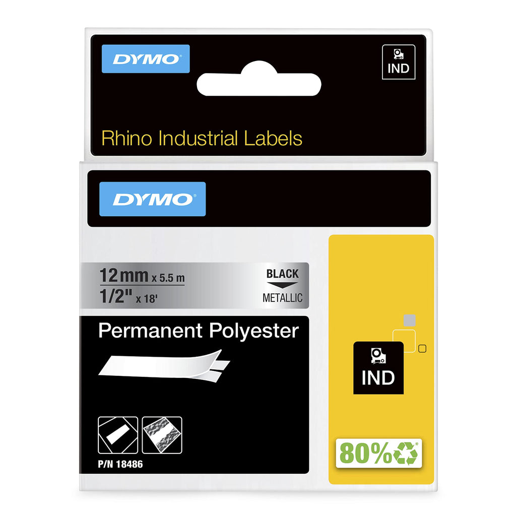 DYMO Industrial Permanent Labels for DYMO LabelWriter and Industrial RhinoPro Label Makers, Black on Metallic, 1/2", 1 Roll (18486), DYMO Authentic