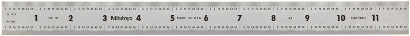 Mitutoyo 182-121, Steel Rule, 12" (4R), (1/8, 1/16, 1/32, 1/64"), 3/64" Thick X 1" Wide, Satin Chrome Finish Tempered Stainless Steel