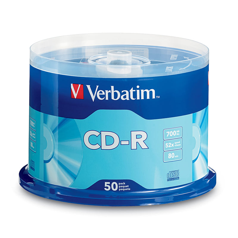 Verbatim CD-R Blank Discs 700MB 80 Minutes 52x Recordable Disc for Data and Music - 50 Pack Spindle Branded Surface 50pk Standard Packaging