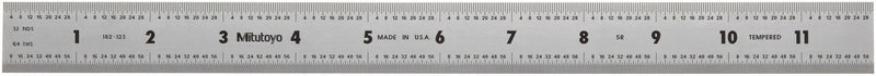 Mitutoyo 182-123, Steel Rule, 12" (5R), (1/32, 1/64, 1/10, 1/100"), 3/64" Thick X 1" Wide, Satin Chrome Finish Tempered Stainless Steel