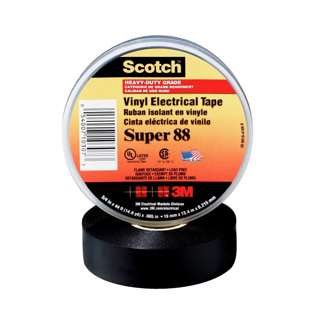 3M Scotch Vinyl Electrical Tape Super 88, Premium Grade All-Weather, 3/4 in x 44 ft, 8.5-mil thick, Black, 1 roll 3/4" X 44'