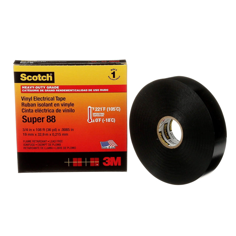 3M Scotch Vinyl Electrical Tape Super 88, 3/4 in x 36 yd (108 ft), Long Roll, Black, 1 roll 3/4" X 36YD