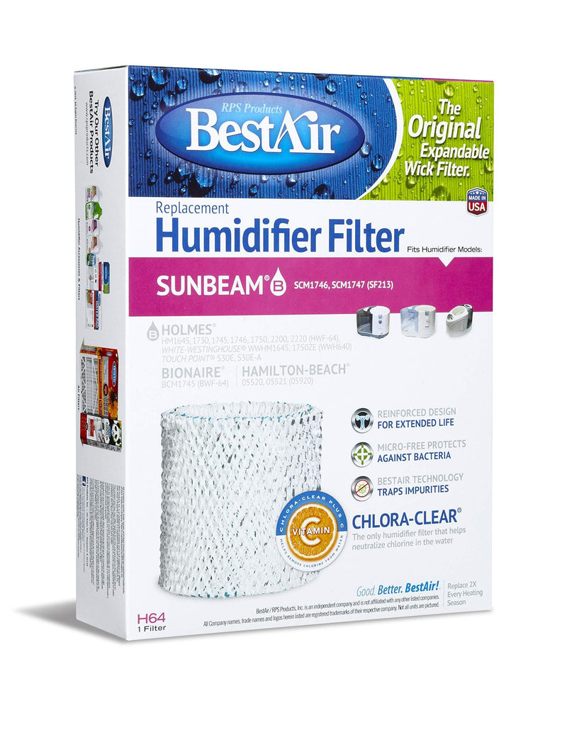 BestAir H64-PDQ-4 Extended Life Humidifier Replacement Paper Wick Humidifier Filter, For Holmes, Sunbeam, Touch Point, White-Westinghouse, Hamilton-Beach & Bionaire Models, 7.2" x 2.4" x 9.6" Single Pack
