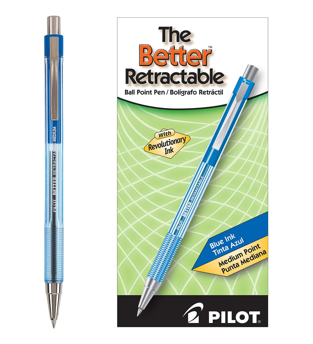 PILOT The Better Ball Point Pen Refillable & Retractable Ballpoint Pens, Medium Point, Blue Ink, 12-Pack (30006) Box of 12