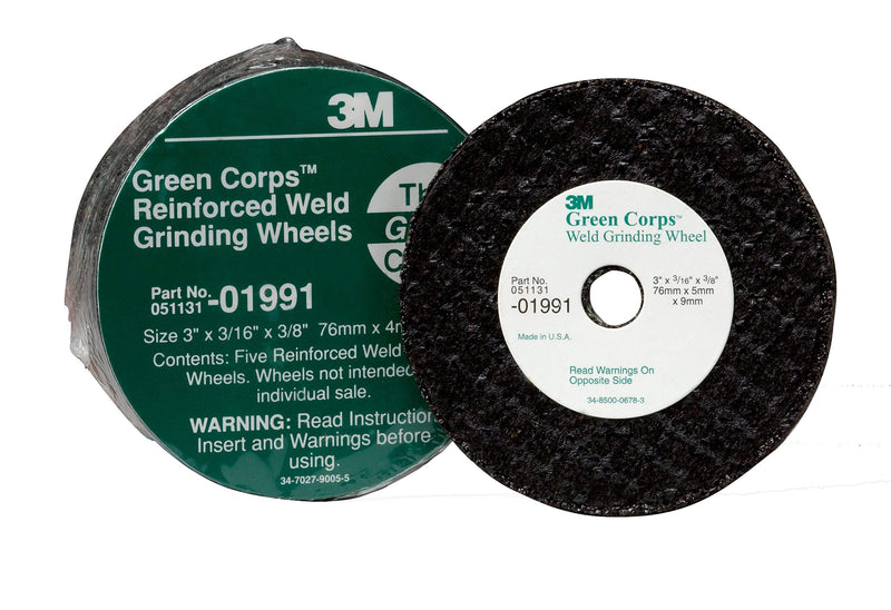 3M Green Reinforced Weld Grinding Wheel, 01991, 3 in x 3/16 in x 3/8 in, 5 wheels per pack, One Size