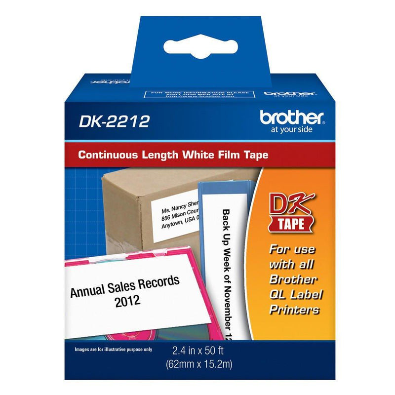 Brother Genuine DK-2212 Continuous Length Black on White Film Tape for Brother QL Label Printers, 2.4" x 50' (62mm x 15.2M), 1 Roll per Box, DK2212,Black/White