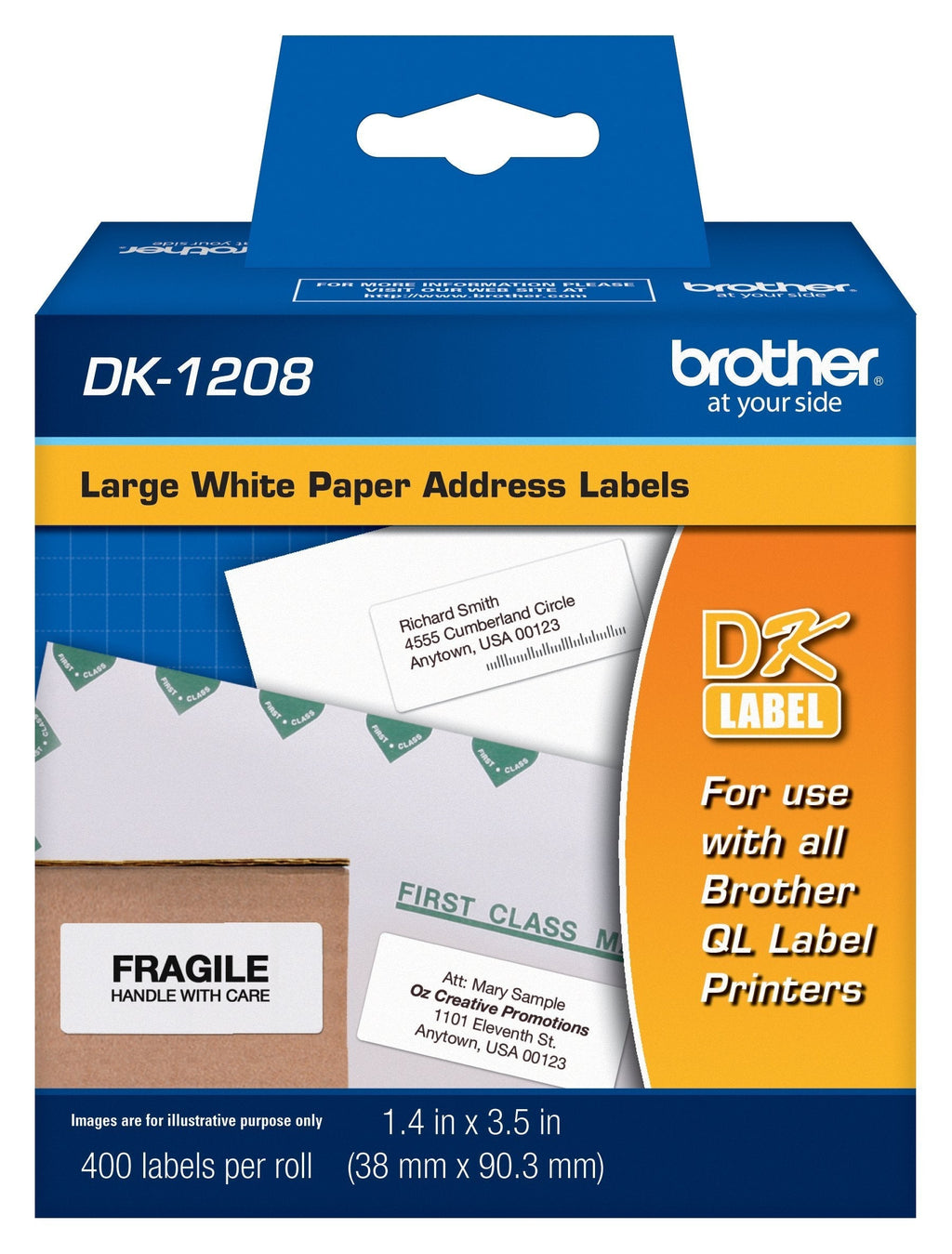 Brother, Die-Cut Large Address Labels, DK-1208, Brother Genuine Labels, Long Lasting Reliability, Die-Cut Large Address Paper Labels, 400 Labels per Roll, (1) Roll per Box 1 Roll