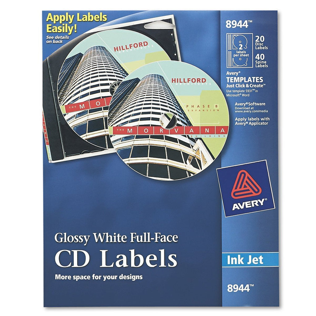 Avery Full-Face CD Labels for Inkjet Printers, Glossy White, 20 Disc Labels and 40 Spine Labels (8944)