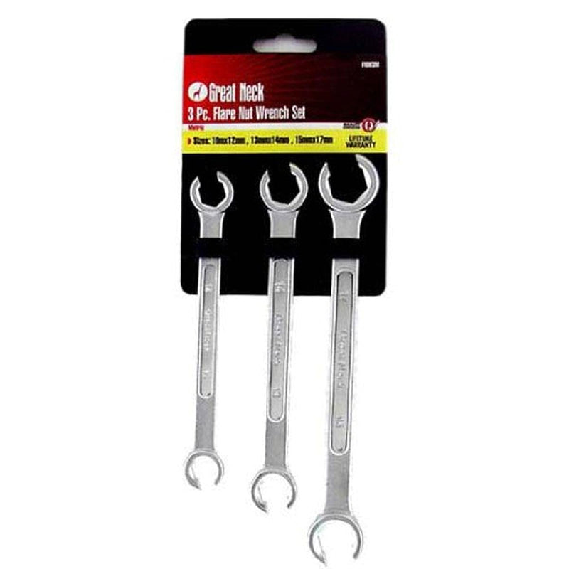 GreatNeck Metric Flare Nut Wrench Set, Open Heads For Fastening Nuts to Tubing, Grips Soft-Metaled Fasteners Without Harm, Useful Car Repair Tool, Brake Lines, Power-Steering System 3PC Set Metric