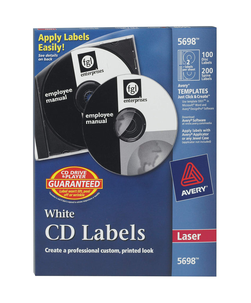 Avery CD Labels for Laser Printers, White, 100 Disc Labels and 200 Spine Labels (5698)