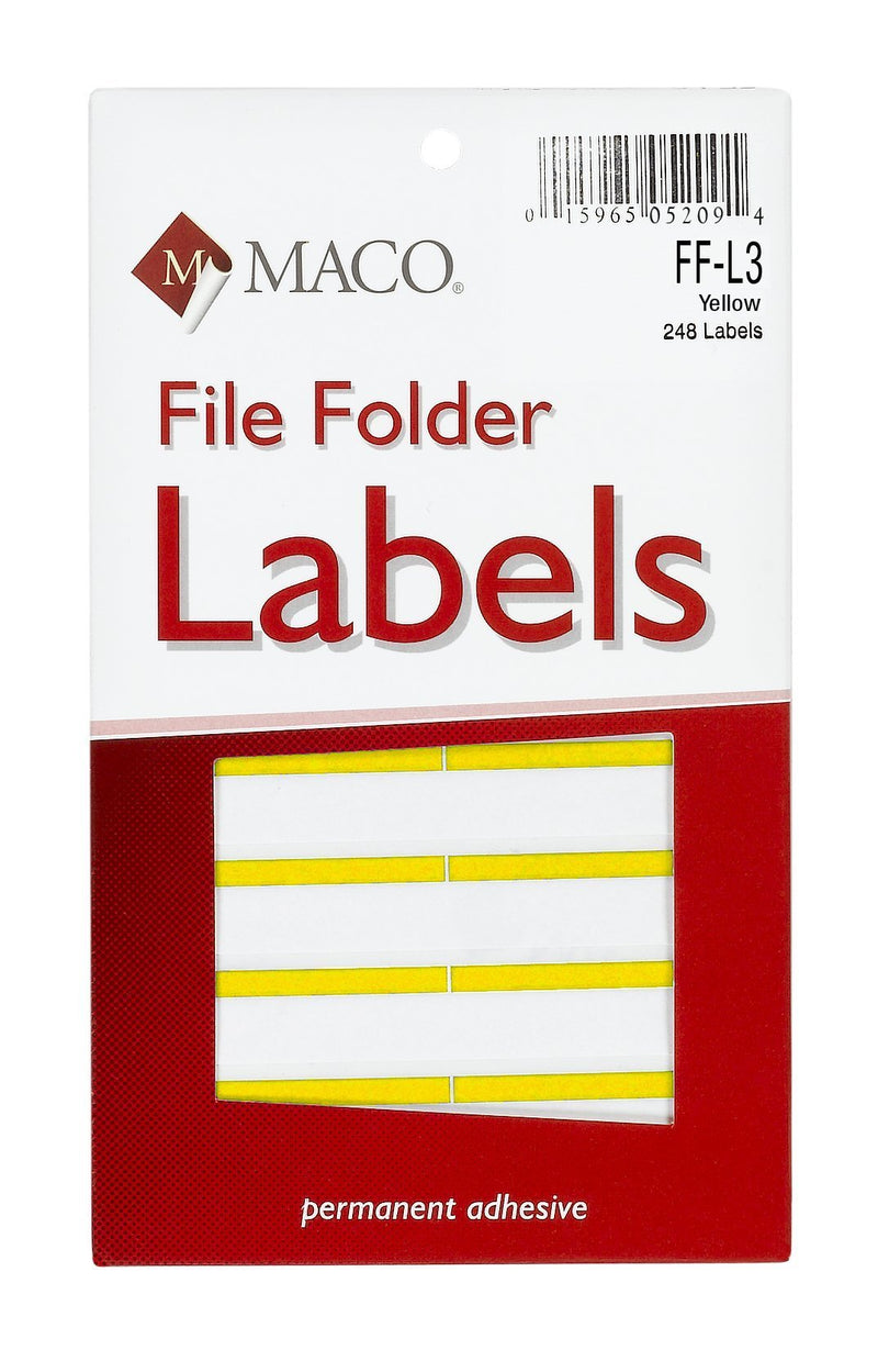 MACO Yellow File Folder Labels, 9/16 x 3-7/16 Inches, 248 Per Box (FF-L3)